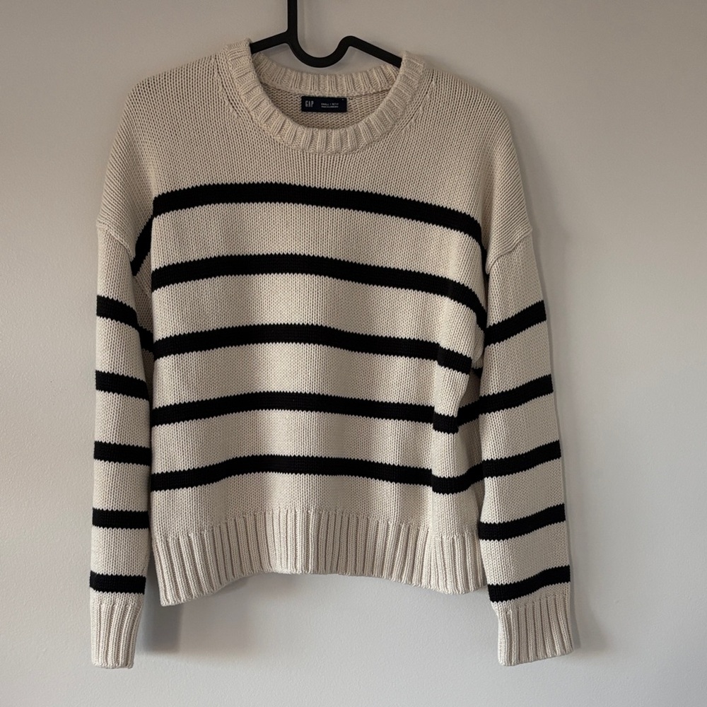 GAP Cream and Black Striped Crewneck Sweater